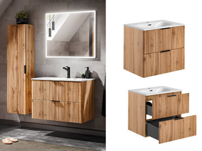 Impact Furniture Bathroom Vanity Unit With Basin 600mm Wall Hung Sink Cabinet Ribbed Fluted Oak Effect Drawers Adel - image 1