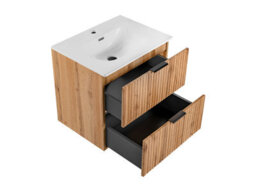 Impact Furniture Bathroom Vanity Unit With Basin 600mm Wall Hung Sink Cabinet Ribbed Fluted Oak Effect Drawers Adel - thumbnail 8