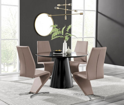 Furniturebox Uk Palma Black Semi Gloss Round Dining Table & 4 Cappuccino Willow Chairs - image 1