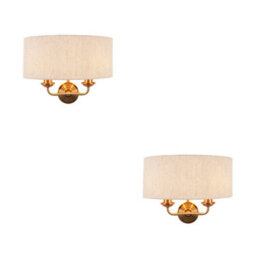 Loops 2 Pack Vintage Brass Dimmable Wall Sconce With Natural Linen Shade - Stylish Home Lighting Solution - thumbnail 1