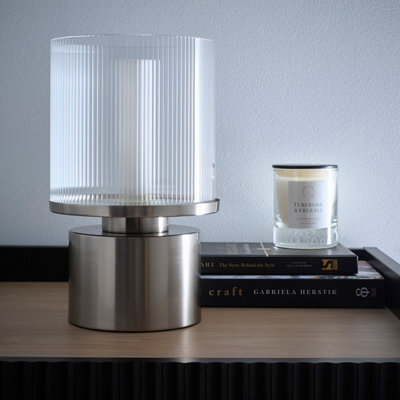 K Living Zoja Satin Nickel Table Lamp With Ribbed Glass Shade - image 1
