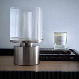 K Living Zoja Satin Nickel Table Lamp With Ribbed Glass Shade