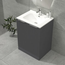 Royal Bathrooms Evora 600mm Graphite Grey Fluted Floor Standing Bathroom Vanity Unit 2 Door Cabinet Storage With Ceramic Basin Sink - 1 Tap Hole - thumbnail 4