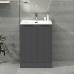 Royal Bathrooms Evora 600mm Graphite Grey Fluted Floor Standing Bathroom Vanity Unit 2 Door Cabinet Storage With Ceramic Basin Sink - 1 Tap Hole