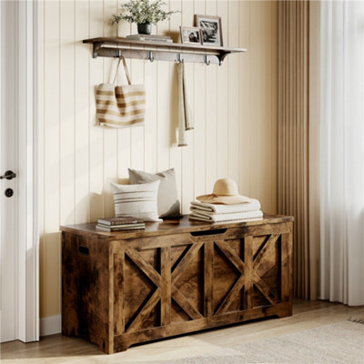 Yaheetech Rustic Brown 132 L Wooden Storage Bench With Safety Hinged Lid - image 1