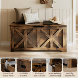 Yaheetech Rustic Brown 132 L Wooden Storage Bench With Safety Hinged Lid - thumbnail 4