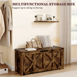Yaheetech Rustic Brown 132 L Wooden Storage Bench With Safety Hinged Lid - thumbnail 5