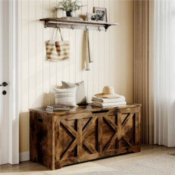 Yaheetech Rustic Brown 132 L Wooden Storage Bench With Safety Hinged Lid - thumbnail 1