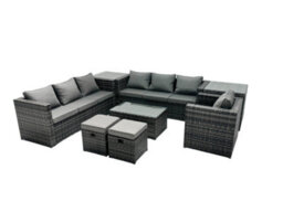 Fimous Rattan Garden Furniture Dining Set 9-Seater Patio Coffee Table Sofa Set With 2 Small Stools 2 Side Tables Dark Grey Mixed - thumbnail 1