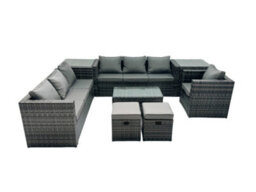 Fimous Rattan Garden Furniture Dining Set 9-Seater Patio Coffee Table Sofa Set With 2 Small Stools 2 Side Tables Dark Grey Mixed - thumbnail 2