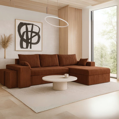 Kansas Corduroy Corner Sofa With Storage And Pouffes Universal Left Or Right Hand Side Modern Design Brown - image 1