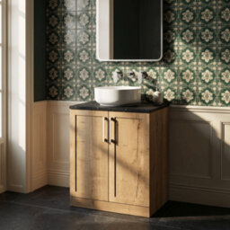 Balterley Stonnall Traditional Floor Standing 2 Door Vanity Unit With Black Pietra Marble Laminate Worktop, 600mm, Autumn Oak - thumbnail 2