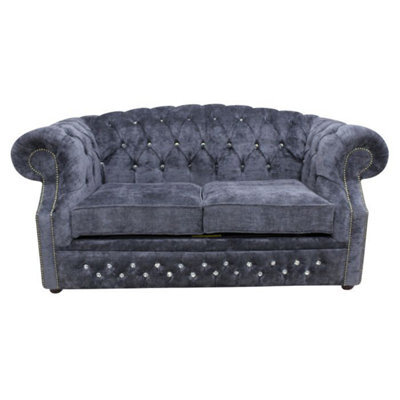 Chesterfield Crystal 2 Seater Velluto Grey Fabric Sofa In Buckingham Style - image 1