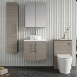 Nuie Arno Wall Hung 2-Door Vanity Unit & Laminate Worktop In Solace Oak Woodgrain, Modern Counter Top Vanity Unit In Solace Oak - thumbnail 3