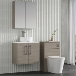 Nuie Arno Wall Hung 2-Door Vanity Unit & Laminate Worktop In Solace Oak Woodgrain, Modern Counter Top Vanity Unit In Solace Oak - thumbnail 2