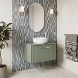 Balterley Belvide Partial Fluted 1 Drawer Wall Hung Vanity Unit With Colour Coordinating Worktop - 600mm - Satin Green - thumbnail 4