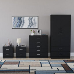 Lassic Vida Designs Riano 4 Piece Bedroom Set (2 Drawer Bedside Chest, 5 Drawer Chest, 2 Door 2 Drawer Wardrobe), Black - thumbnail 7