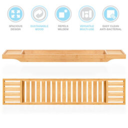 EHC Woodluv Slimline Bamboo Bathtub Caddy Tray Bridge Wooden Bath Rack, Bath Shelf Over Tub  70 X 14.5 X 7.5 Cm - Natural - thumbnail 5