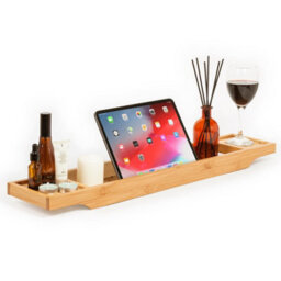 EHC Woodluv Slimline Bamboo Bathtub Caddy Tray Bridge Wooden Bath Rack, Bath Shelf Over Tub  70 X 14.5 X 7.5 Cm - Natural - thumbnail 1