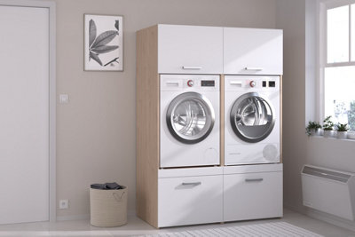 Parisot Stacked Utility Room Storage Laundry Cabinet For Two Washing Machines Or Dryer With Cupboards