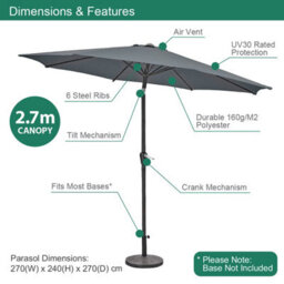 Gardenkraft 14620 2.7M Charcoal Outdoor Garden Parasol - thumbnail 2