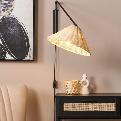 Beliani Wall Lamp - Handwoven Rattan 33 Cm Cone Shade, Adjustable Iron Arm, Boho Rustic Bedside Light - image 1
