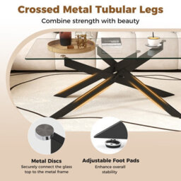 Costway Glass Coffee Table Rectangle Center Table With Metal Tubular Legs-Black - thumbnail 3