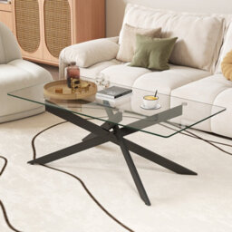 Costway Glass Coffee Table Rectangle Center Table With Metal Tubular Legs-Black - thumbnail 2