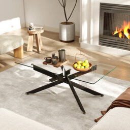 Costway Glass Coffee Table Rectangle Center Table With Metal Tubular Legs-Black