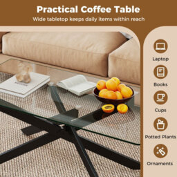Costway Glass Coffee Table Rectangle Center Table With Metal Tubular Legs-Black - thumbnail 8