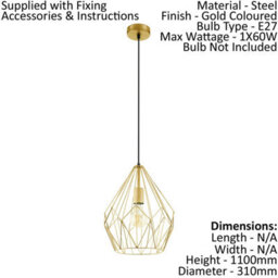 Stylish Gold Wire Cage Hanging Pendant Light For Hallway - 1X 60W E27 - thumbnail 2