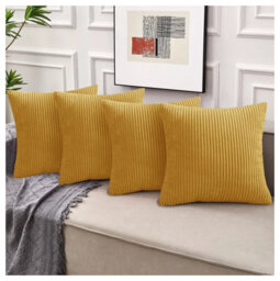 Ameha Ochre Stripe Velvet Cushion Cover 18X18 Inch, Set Of 4, Soft, Breathable & Hypoallergenic With Invisible Zip