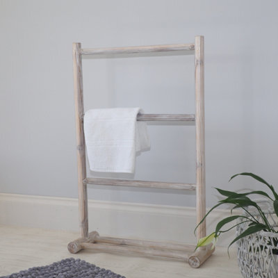 Free Standing Wooden Towel Rack Whitewash - Clothes Airer - Bathroom Towel Ladder - Bedroom Clothes Rail - image 1