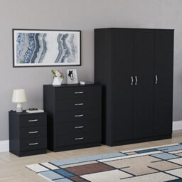 Lassic Vida Designs Riano 3 Piece Bedroom Set (3 Drawer Bedside Chest, 5 Drawer Chest, 3 Door Wardrobe), Black - thumbnail 6