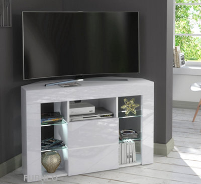 Furneo Venico 02 White Corner Tv Stand 100Cm Matt & High Gloss White Led Lights - image 1