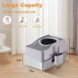 London Boutique 60X40X34.5Cm Stainless Steel Enclosed Cat Litter Box, Top Entry High Sided Tray, Scoop, Grey - thumbnail 3