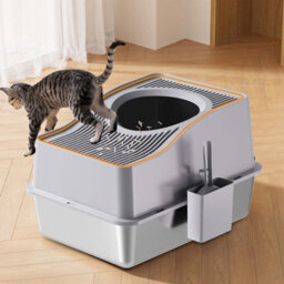 London Boutique 60X40X34.5Cm Stainless Steel Enclosed Cat Litter Box, Top Entry High Sided Tray, Scoop, Grey - thumbnail 2