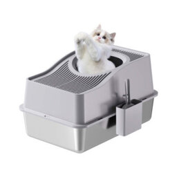 London Boutique 60X40X34.5Cm Stainless Steel Enclosed Cat Litter Box, Top Entry High Sided Tray, Scoop, Grey - thumbnail 1