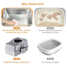 London Boutique 60X40X34.5Cm Stainless Steel Enclosed Cat Litter Box, Top Entry High Sided Tray, Scoop, Grey - thumbnail 6