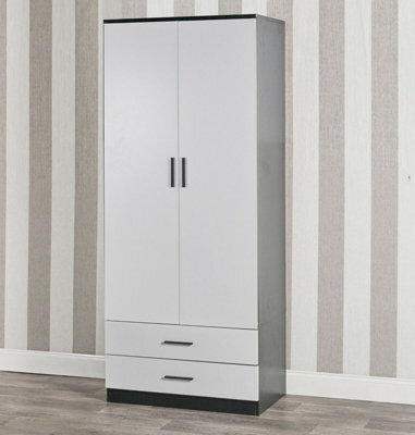 Urbnliving 180Cm Tall Wooden 2 Door Wardrobe Black Carcass And White Drawers With 2 Drawers Bedroom Storage Hanging Bar Clothes - image 1