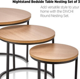 Divchi Round Nesting Set Of 3, Modern Wooden Look With Metal Base Coffee Side Tables For Small Spaces, Nightstand Bedside Table Fo - thumbnail 6