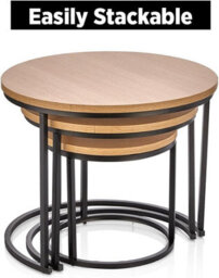 Divchi Round Nesting Set Of 3, Modern Wooden Look With Metal Base Coffee Side Tables For Small Spaces, Nightstand Bedside Table Fo - thumbnail 5