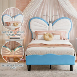3Ft Kids Bed 90X190 With Built-In Light, Bed Frame With Soft Padded Headboard, Butterfly Style Bed For Teenagers, Blue Velvet - thumbnail 5