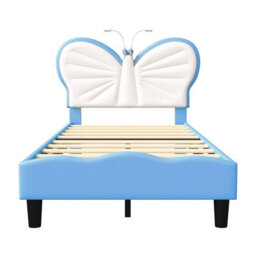 3Ft Kids Bed 90X190 With Built-In Light, Bed Frame With Soft Padded Headboard, Butterfly Style Bed For Teenagers, Blue Velvet - thumbnail 7