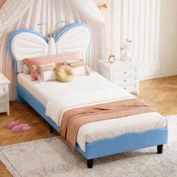 3Ft Kids Bed 90X190 With Built-In Light, Bed Frame With Soft Padded Headboard, Butterfly Style Bed For Teenagers, Blue Velvet - thumbnail 2