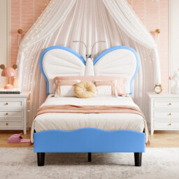 3Ft Kids Bed 90X190 With Built-In Light, Bed Frame With Soft Padded Headboard, Butterfly Style Bed For Teenagers, Blue Velvet - thumbnail 4
