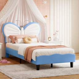 3Ft Kids Bed 90X190 With Built-In Light, Bed Frame With Soft Padded Headboard, Butterfly Style Bed For Teenagers, Blue Velvet - thumbnail 3