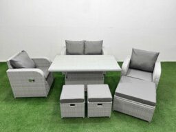 Fimous Light Grey Pe Wicker Rattan Garden Furniture Set Sofa Set Reclining Chair Adjustable Lifting Table 7 Seater 3 Stools - thumbnail 1