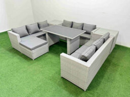 Fimous Patio Outdoor Garden Furniture Sets With Black Glass Top Dining Table 3 Seater Sofa 2 Side Tables Big Stool Light Grey - thumbnail 2