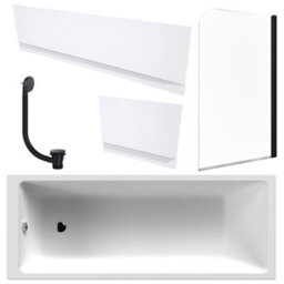 FNX Bathrooms White 1700 X 700 mm Single-Ended Bath With Waterproof Panel Set Matching Black Bath Waste & Curved Black-Profile Bath Screen - thumbnail 1